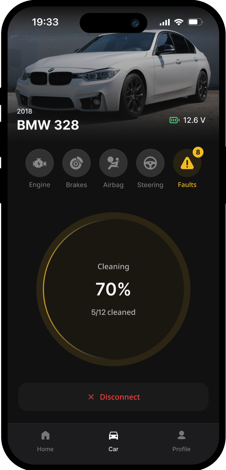 Clearing faults and the check-engine light from the app